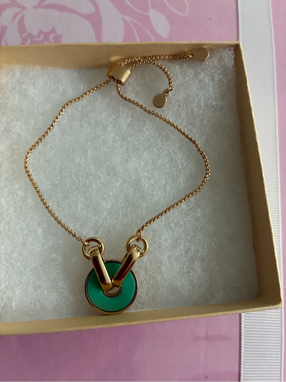 DKNY Gold-Tone Necklace with Green Enamel Circle Pendant